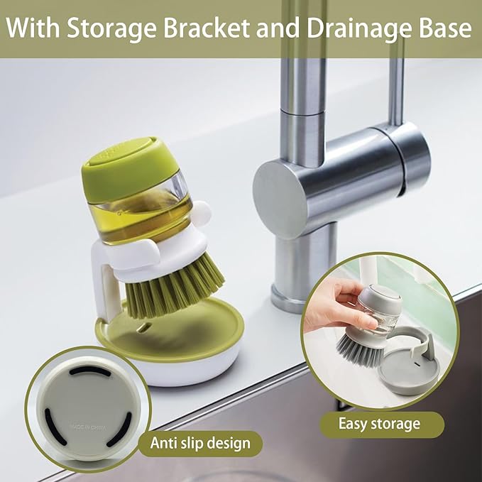 Soap Dispenser Dish Brush with Storage Bracket & Drainage Base TH